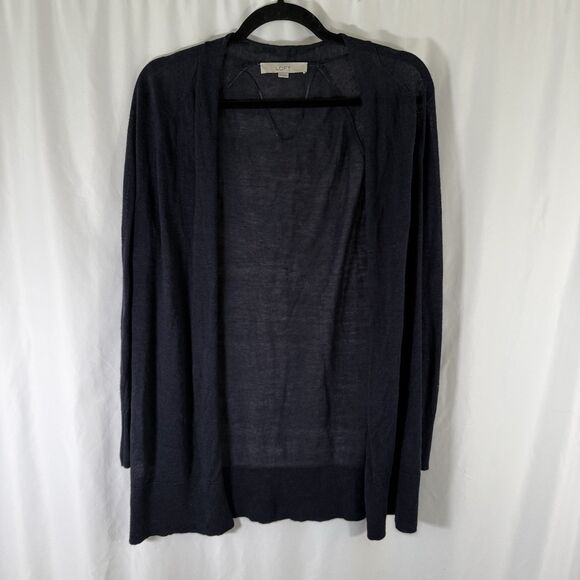 LOFT Cardigan Women's Medium Solid Blue Lightweight Ramie Blend Open Front - Picture 1 of 9